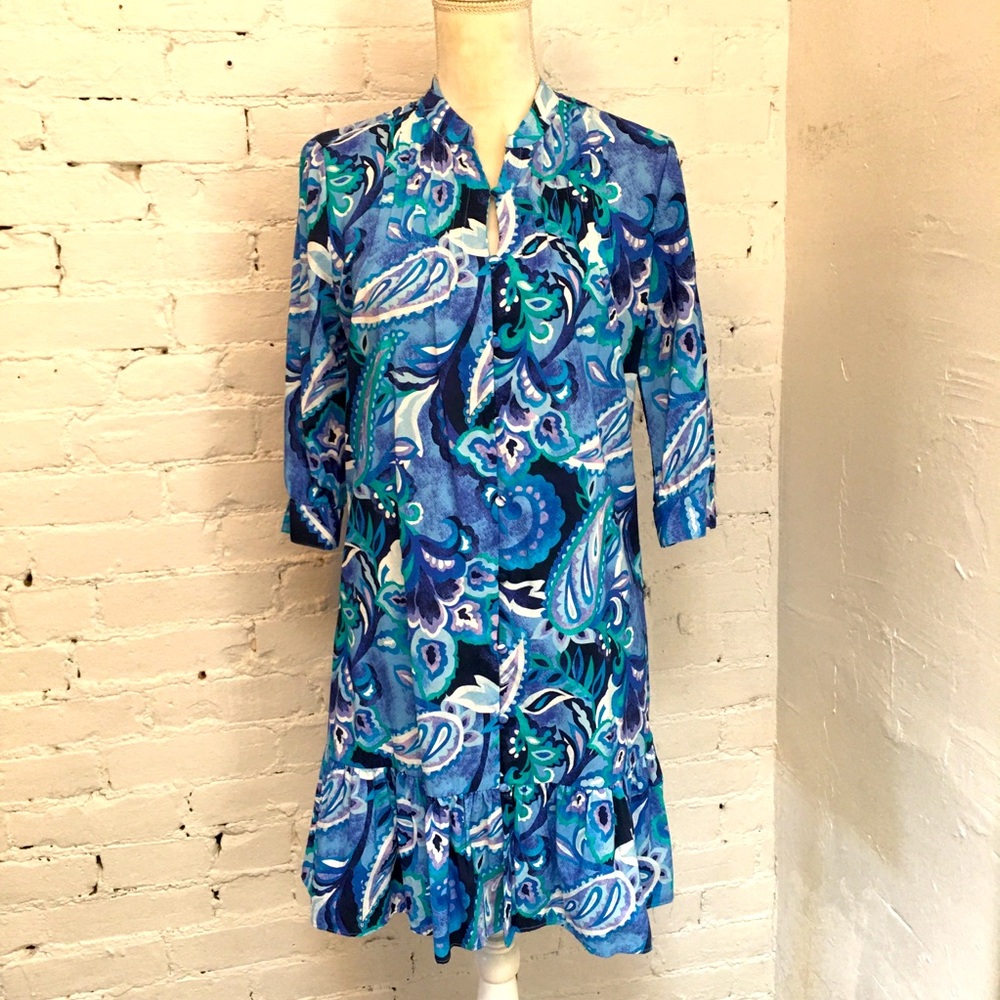 Soft Surroundings ruffle hem short dress blue paisley size ps